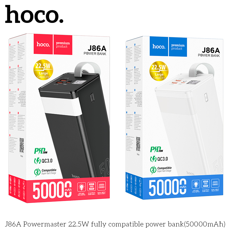 Pin dự phòng Hoco J86A sạc nhanh 22.5W PD20W dung lượng 40000mAh 50000mAh tích hợp màn hình Led và đèn pin