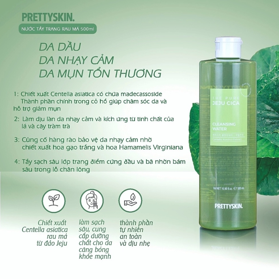 Nước tẩy trang ngừa mụn rau má Jeju Cica Prettyskin 500ml - Chăm sóc da hiệu quả từ thiên nhiên