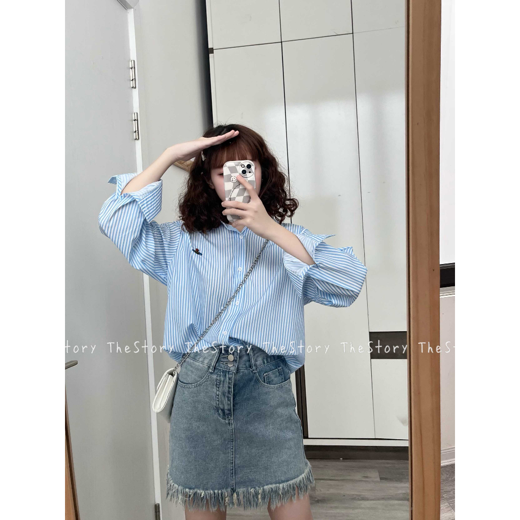 Áo sơ mi sọc xanh có thêu hình  A2813