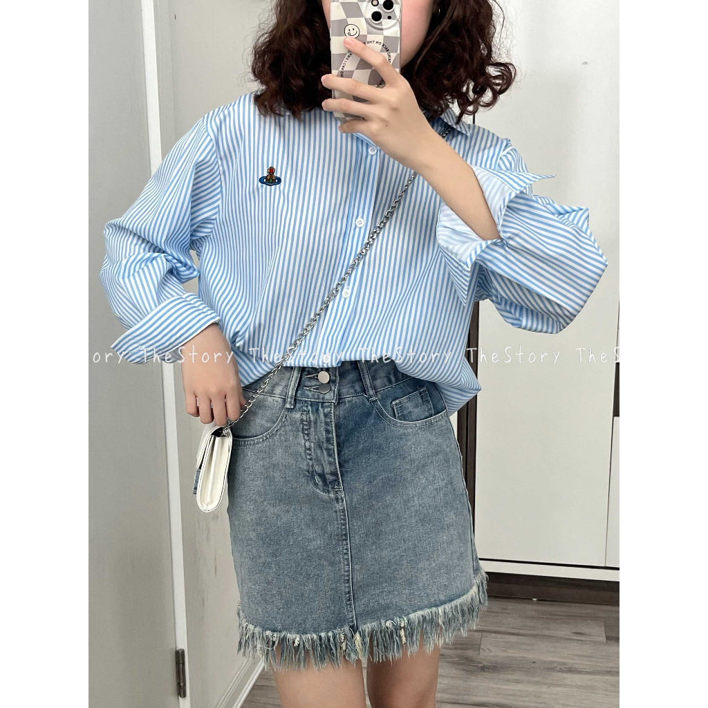 Áo sơ mi sọc xanh có thêu hình  A2813