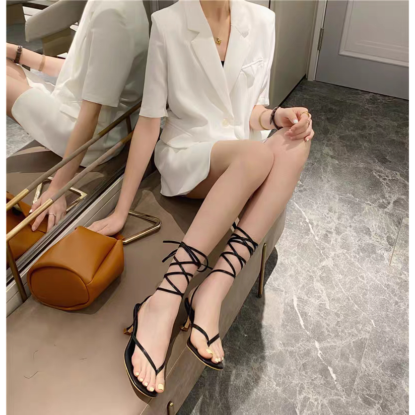 SẴN- LOẠI 1 Dép cao gót kiểu guốc sandal cột dây mảnh quấn bắp cổ chân chiến binh gót nhọn mũi vuông mới đẹp kẹp xỏ ngón