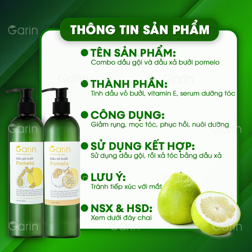 Combo dầu gội và dầu xả bưởi kích mọc tóc pomelo Garin  làm sạch tóc và da đầu kích thích tóc mọc nhanh nuôi dưỡng tóc