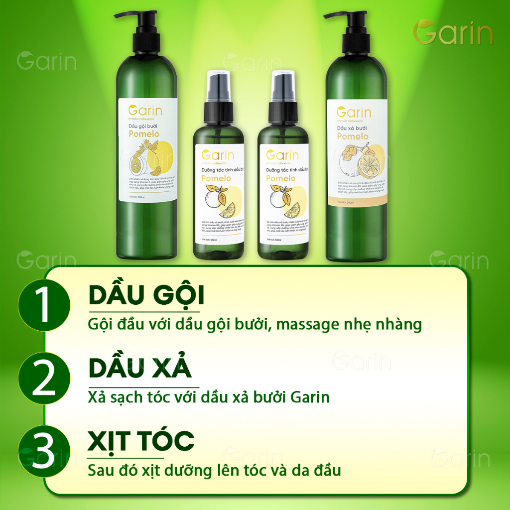 Liệu trình 1 dầu gội 1 dầu xả 2 xịt tinh dầu bưởi pomelo GARIN ngăn rụng kích thích mọc tóc