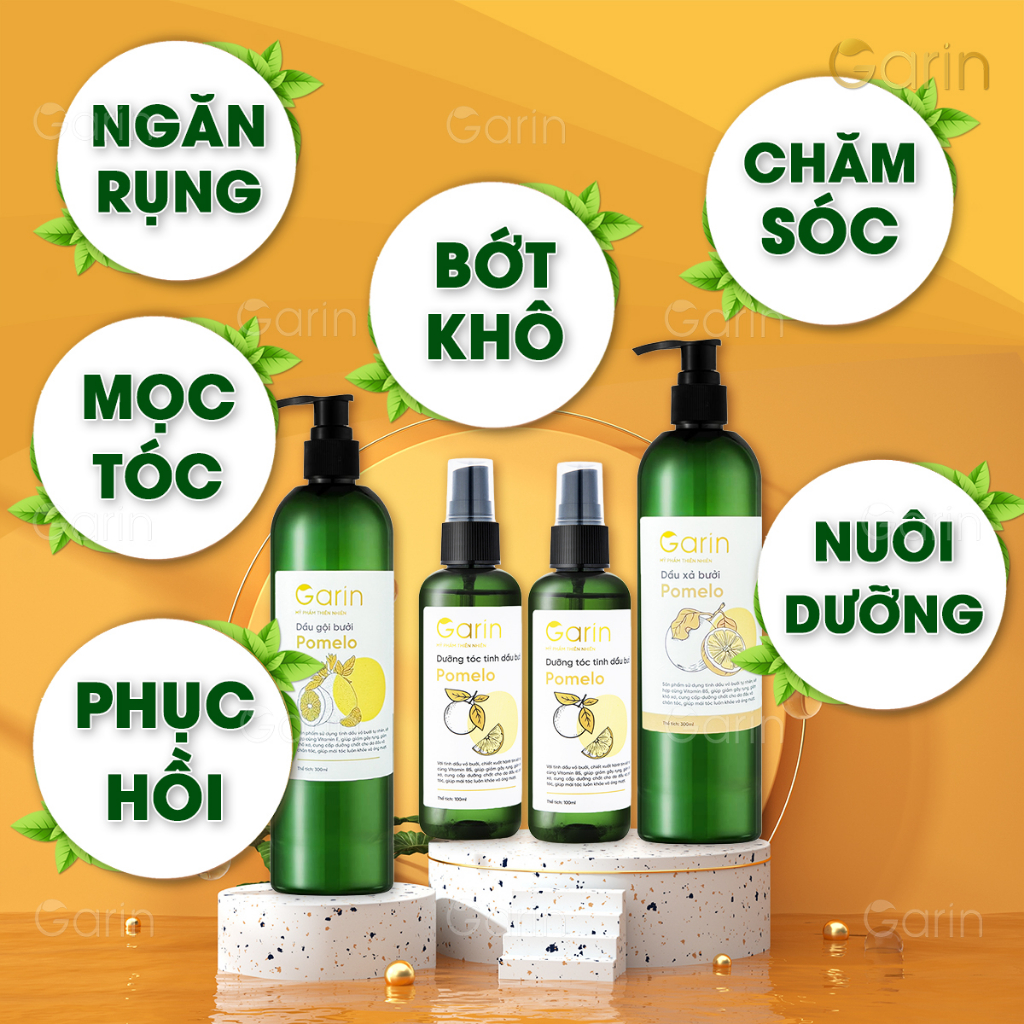 Liệu trình 1 dầu gội 1 dầu xả 2 xịt tinh dầu bưởi pomelo GARIN ngăn rụng kích thích mọc tóc