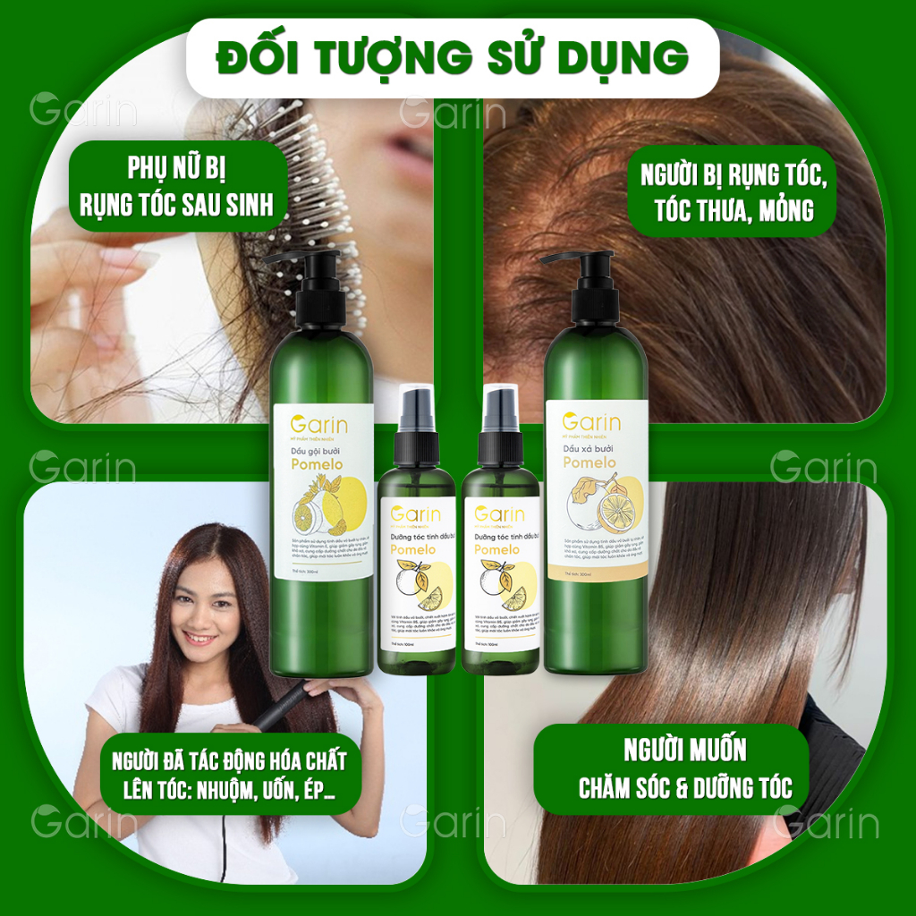 Liệu trình 1 dầu gội 1 dầu xả 2 xịt tinh dầu bưởi pomelo GARIN ngăn rụng kích thích mọc tóc