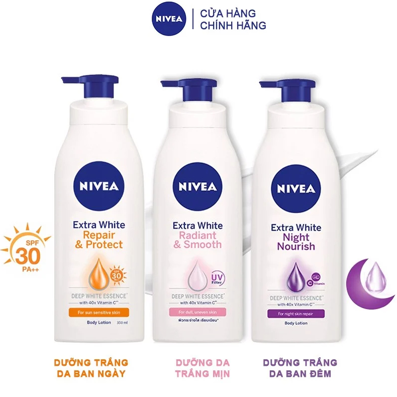 Chai dưỡng thể trắng da ban ngày/ ban đêm Nivea Extra White Night Nourish/ Repair Protect SPF50/Radiant Smooth 350ml