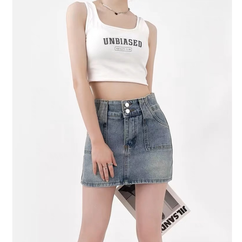 Chân Váy Jeasn Nữ Dáng Ngắn Lưng Cao Phối 2 Khuy Chất Jeans Denim Cao Cấp Gomtrend CV6995