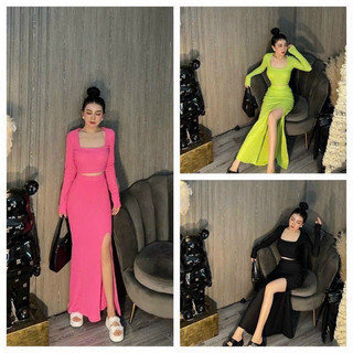 Set maxi dài xẻ tà áo croptop tay dài