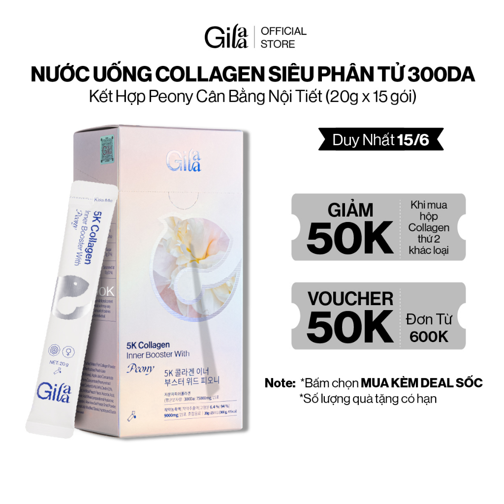 NƯỚC UỐNG COLLAGEN GILAA SIÊU PHÂN TỬ 300DA GILAA KẾT HỢP PEONY TRẺ HÓA CÂN BẰNG NỘI TIẾT (20g x 15 gói)