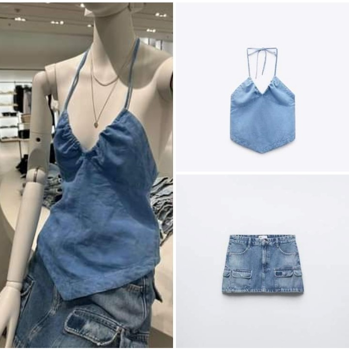 Áo/ Chân váy zara xuất xịn Áo cổ yếm cột dây phối chân váy jeans túi hộp ( KÈM ẢNH THẬT)