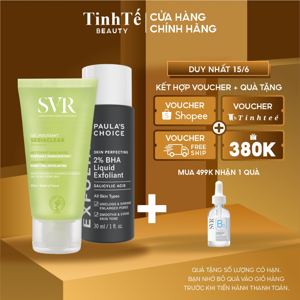 Bộ sản phẩm chăm sóc da mụn Paula's Choice SVR Sebiaclear Gel Moussant + 2% BHA Liquid