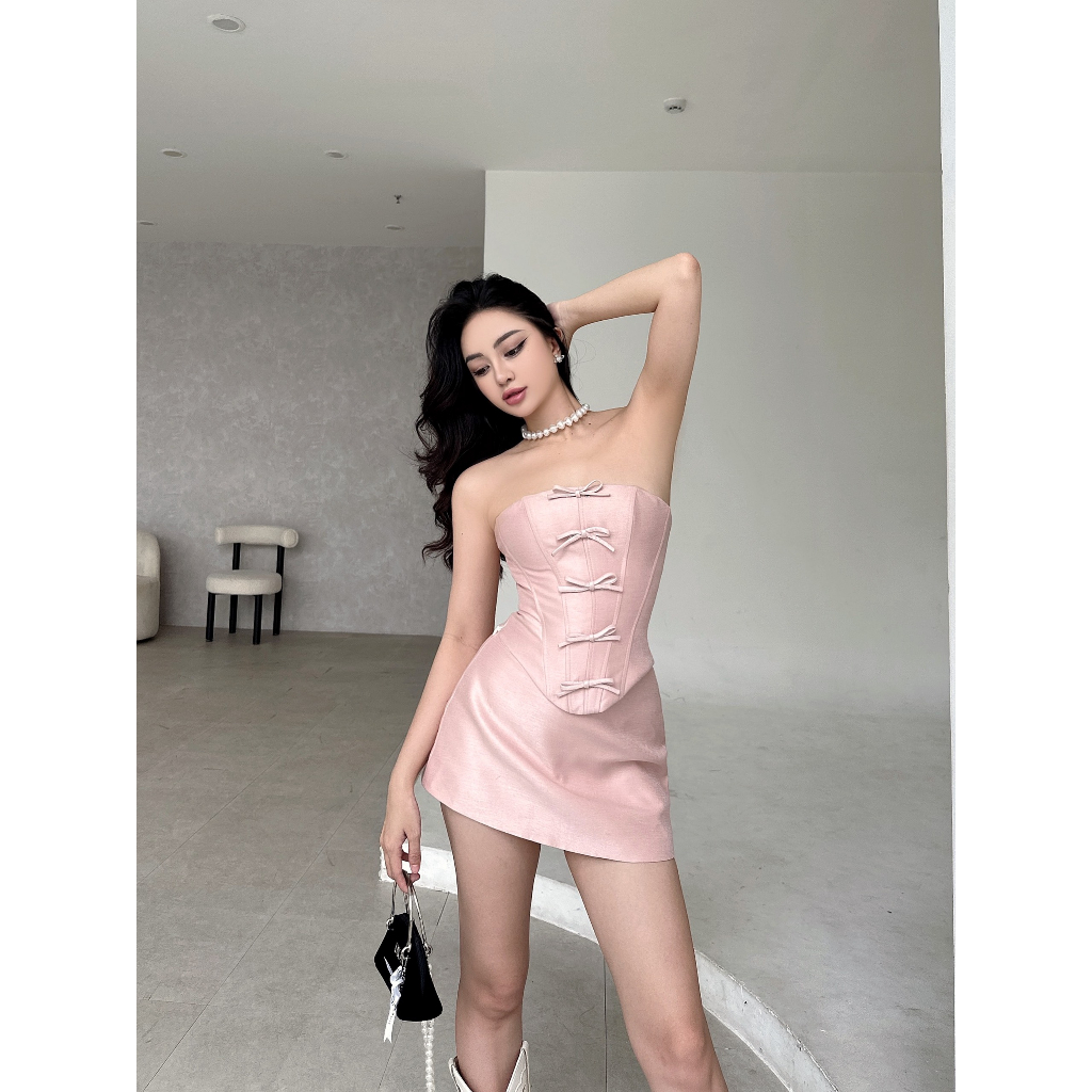 Set Chloé Áo Corset Nơ Ruy Băng + Chân Váy Ngắn Y2K LSEOUL B23051318 Cá Tính Trendy