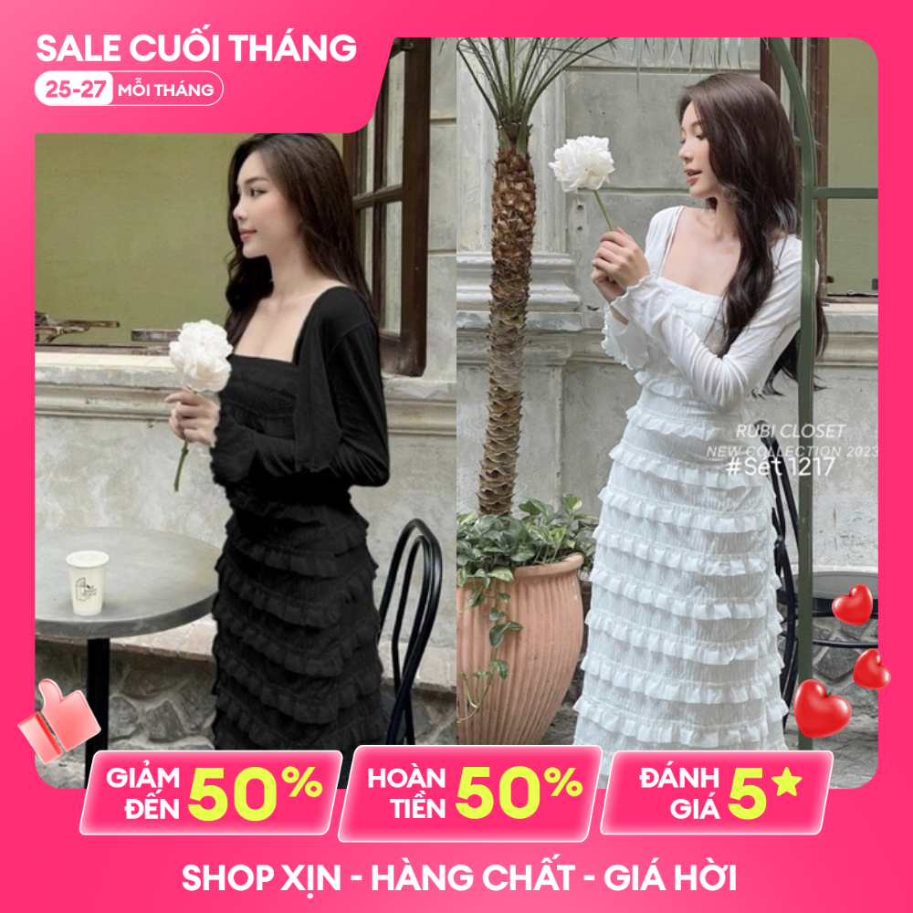 Sét váy Thiết kế hai dây maxi đáng dài kèm áo khoác cadigan phối bèo ngang sang trong quý phái đi dự tiệc đi chơi SB130