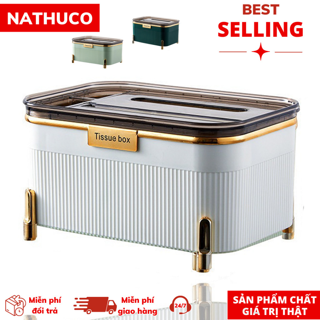 Hộp đựng khăn giấy 4 ngăn có kệ để điện thoại thiết kế sang trọng trang trí phòng khách