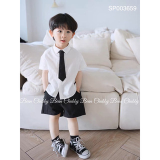 Bộ Uniform áo trắng quần đen kèm cà vạt bé trai