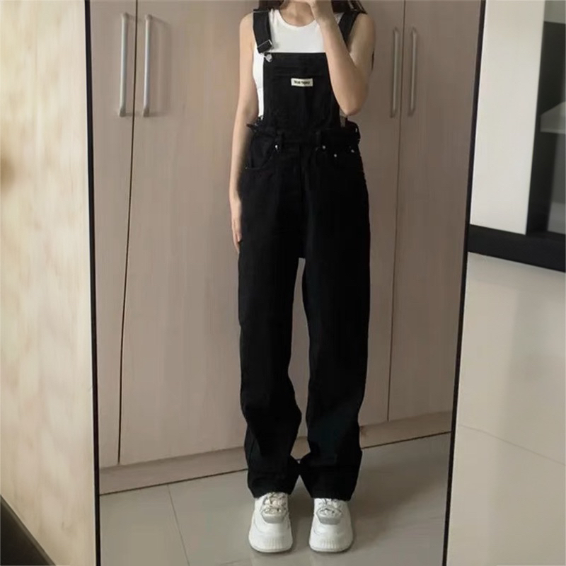 Quần yếm denim màu đen ống đứng cạp cao che khuyết điểm chân retro vintage hè cho nữ retro hai dây