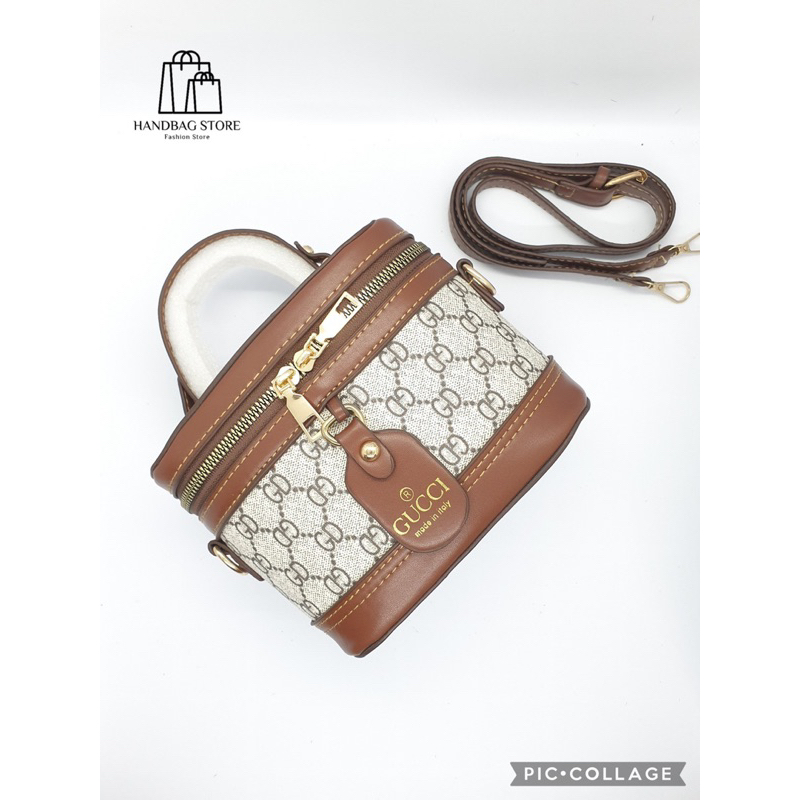 Túi xách đeo chéo Trống cơm quai nâu hoạ tiết Trắng