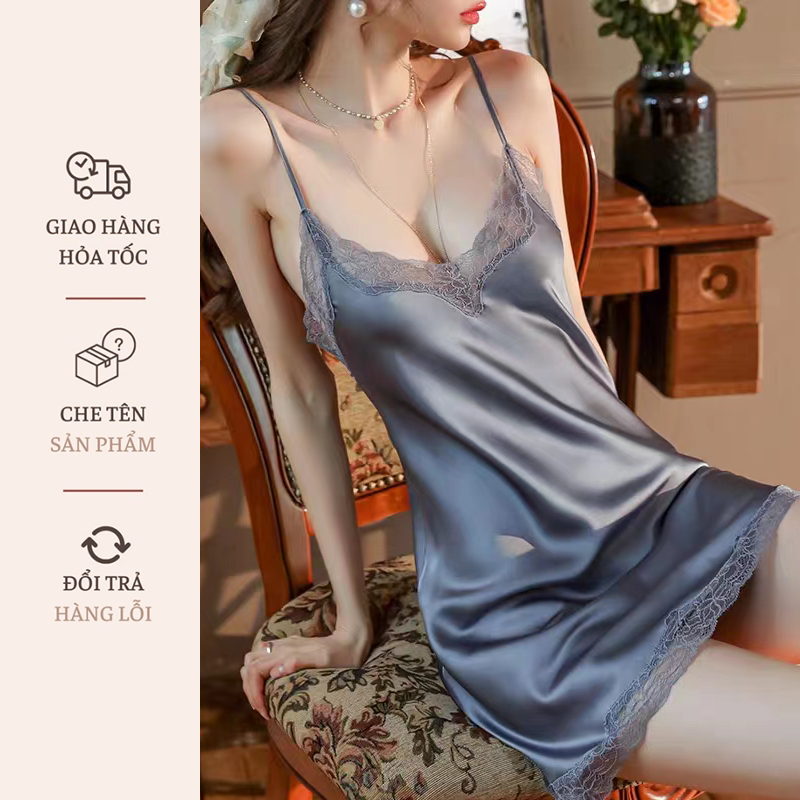 Váy ngủ sexy phối ren dáng suông đơn giản váy ngủ 2 dây cổ tim phối ren, chất liệu chuẩn lụa mềm, mặt mềm mịn tính