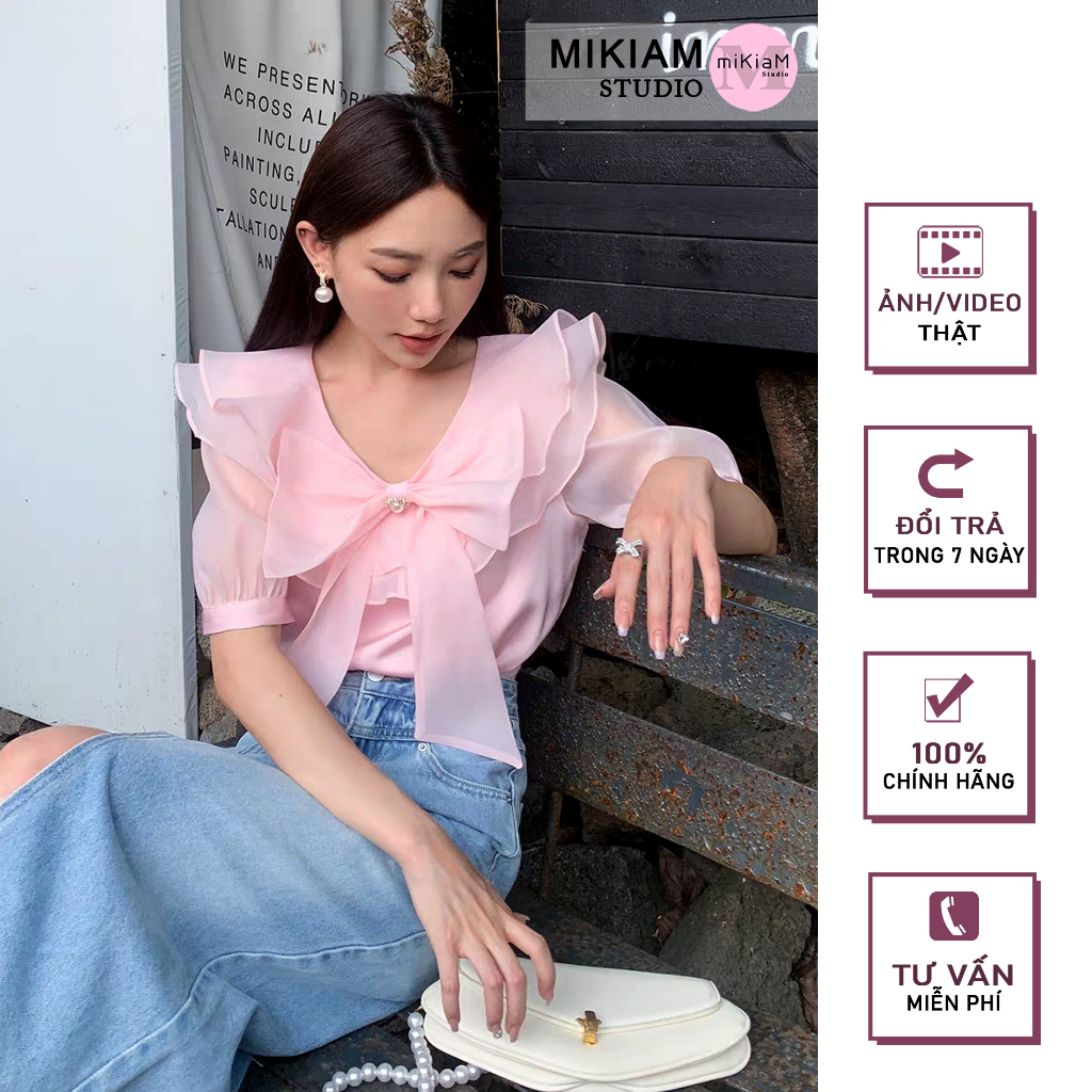 Áo Thiết Kế Nữ Áo Sơ Mi Cổ Thắt Nơ MIKIAM STUDIO MK104 Mầu Hồng Công Sở Dạo Phố
