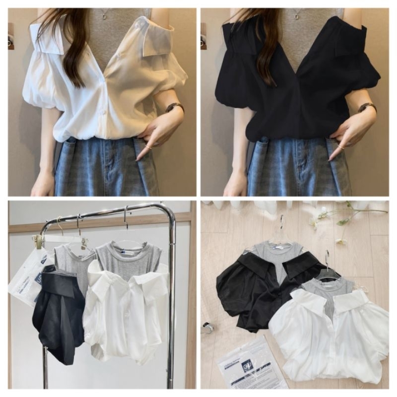 Áo sơ mi hở vai phối tăm style Hàn Quốc trẻ trung năng động - Có buôn sỉ-SP 3960