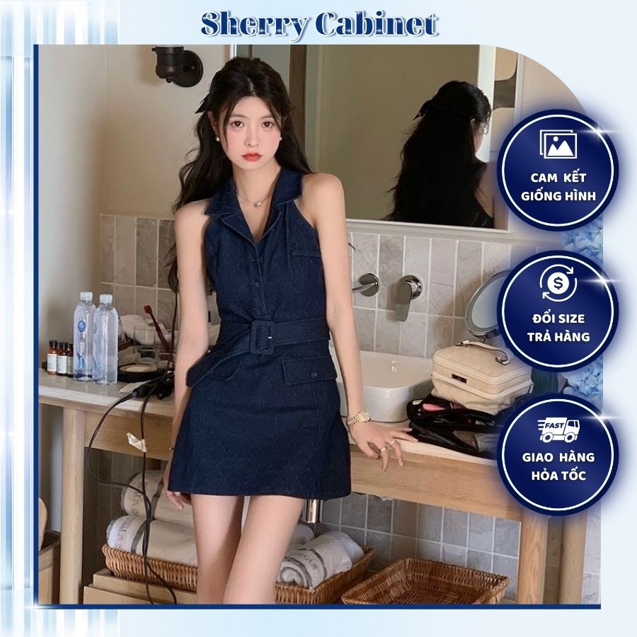 Đầm jeans ngắn khoét nách cổ sơ mi phối thắt lưng sherry cabinet