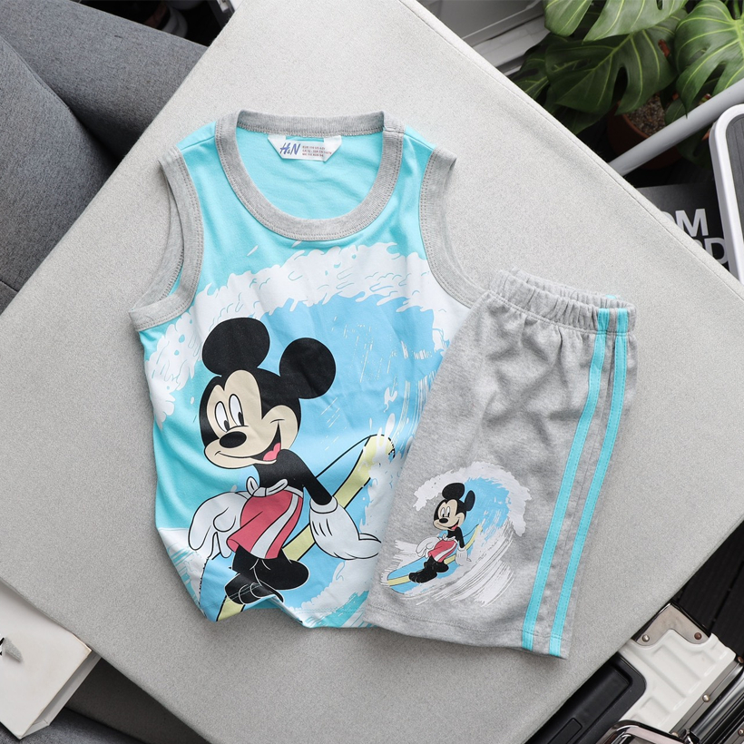 Đồ bộ ba lỗ cho bé trai H&M, áo thun bé trai chất liệu cotton mềm mại, co dãn , thoáng mát cho bé từ 12-24 kg