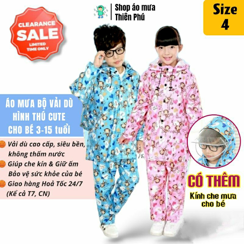 Áo Mưa Bộ Trẻ Em cho bé 5 - 8 tuổi, Có kính che mặt chắn nước mưa, Vải Dù cao cấp hoạt hình|Áo mưa Thiên Phú | Size số 4