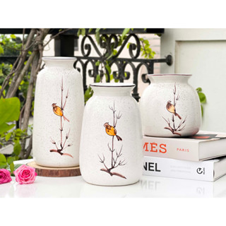Bộ 3 bình hoa gốm sứ Bát Tràng vẽ tay thủ công dáng vai tròn, set combo 3 lọ hoa trang trí decor