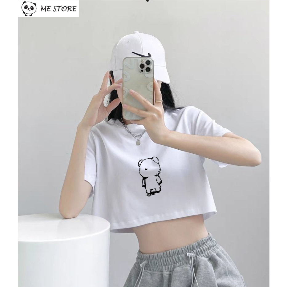 Áo croptop ngắn tay form rộng dáng rộng in hình gấuchất liệu 100% cotton