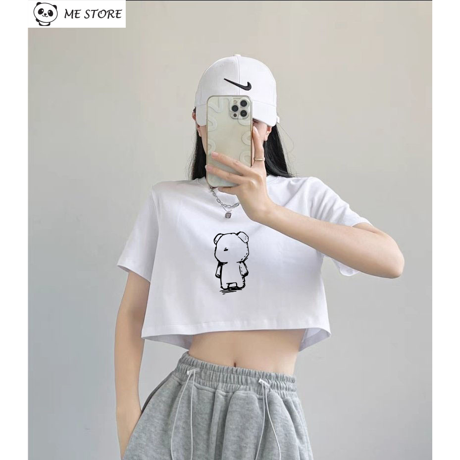Áo croptop ngắn tay form rộng dáng rộng in hình gấuchất liệu 100% cotton