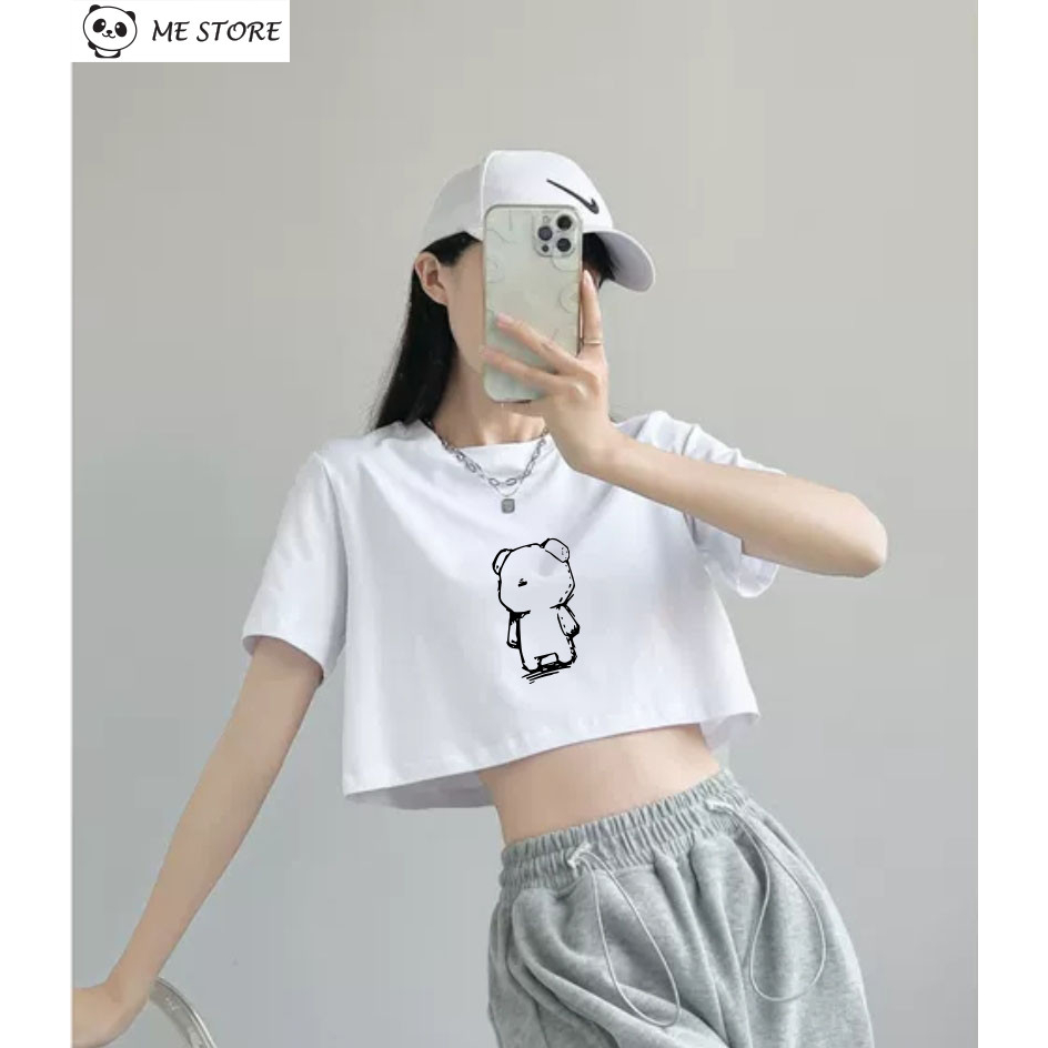 Áo croptop ngắn tay form rộng dáng rộng in hình gấuchất liệu 100% cotton