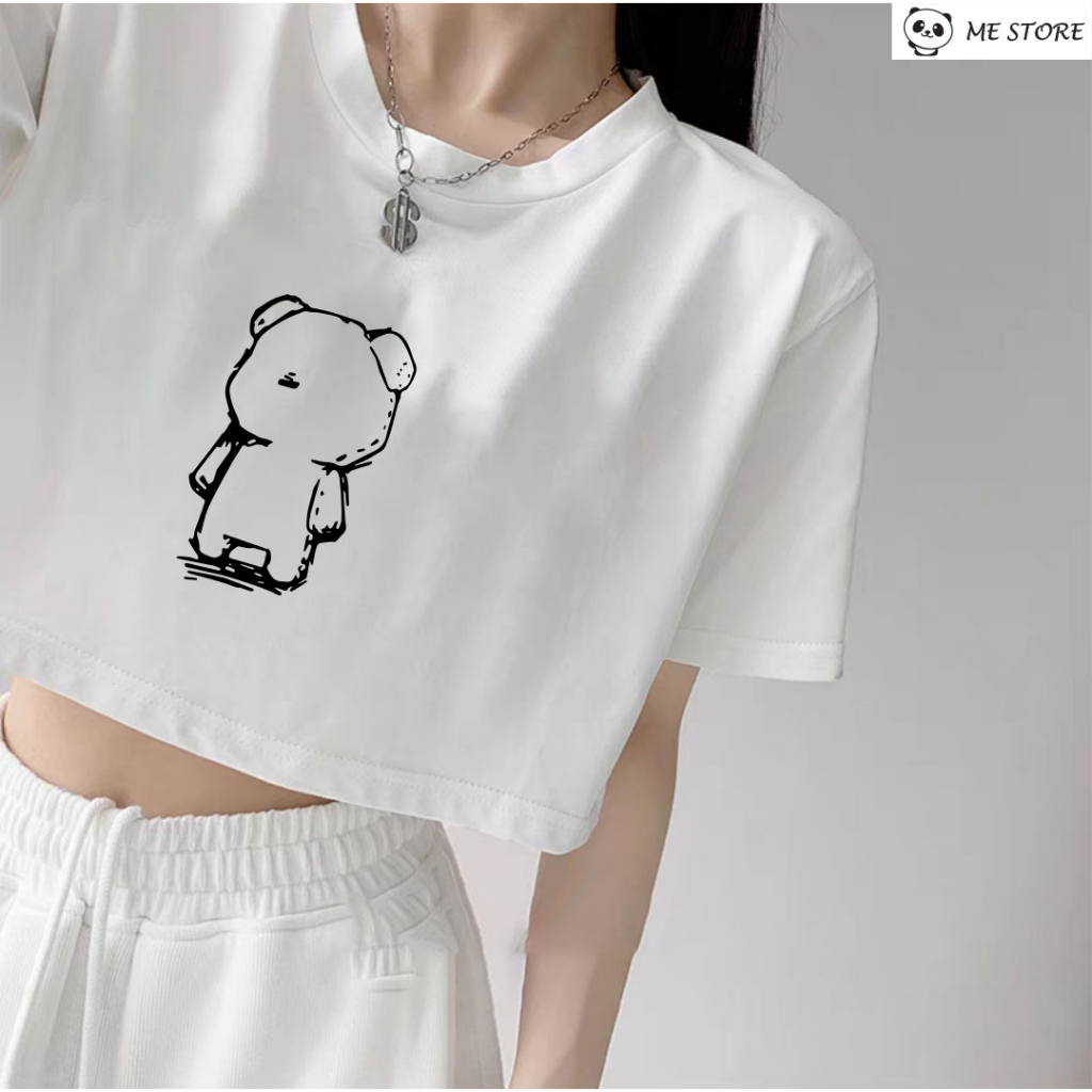 Áo croptop ngắn tay form rộng dáng rộng in hình gấuchất liệu 100% cotton