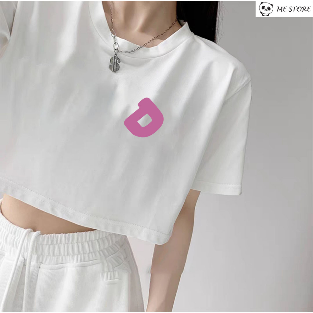 Áo croptop ngắn tay form rộng dáng rộng in chữ D chất liệu 100% cotton