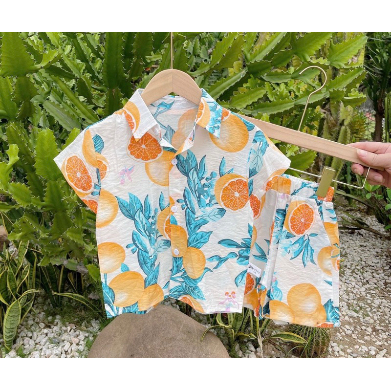 Bộ đồ đi biển bé trai, hoạ tiết hoa lá, chất đũi siêu mát cho bé từ 8-22kg