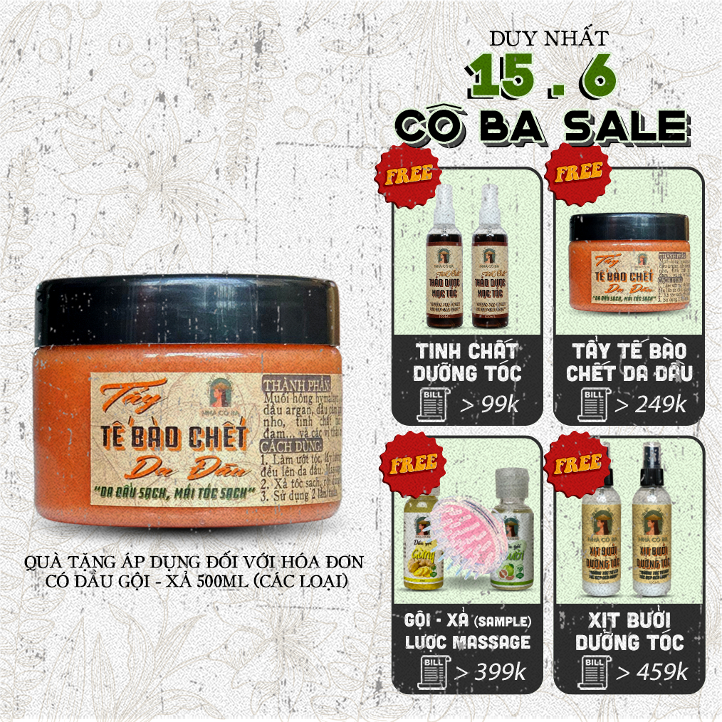 Tẩy tế bào chết da dầu Nhà Cô Ba giảm gàu, sạch da đầu, tóc tơi phồng, lâu bết