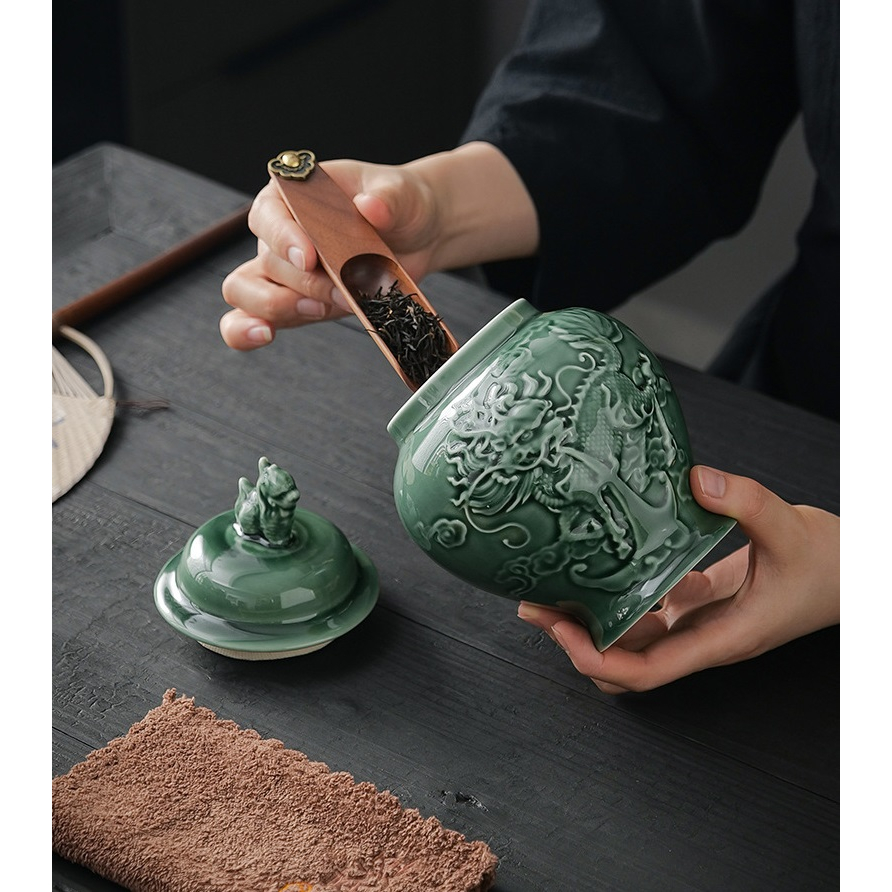 Hũ, Bình Đựng Trà Bằng Sứ Men Ngọc Cao Cấp, Họa Tiết Kỳ Lân Phun Ngọc Khắc Nổi Dung Tích Lớn
