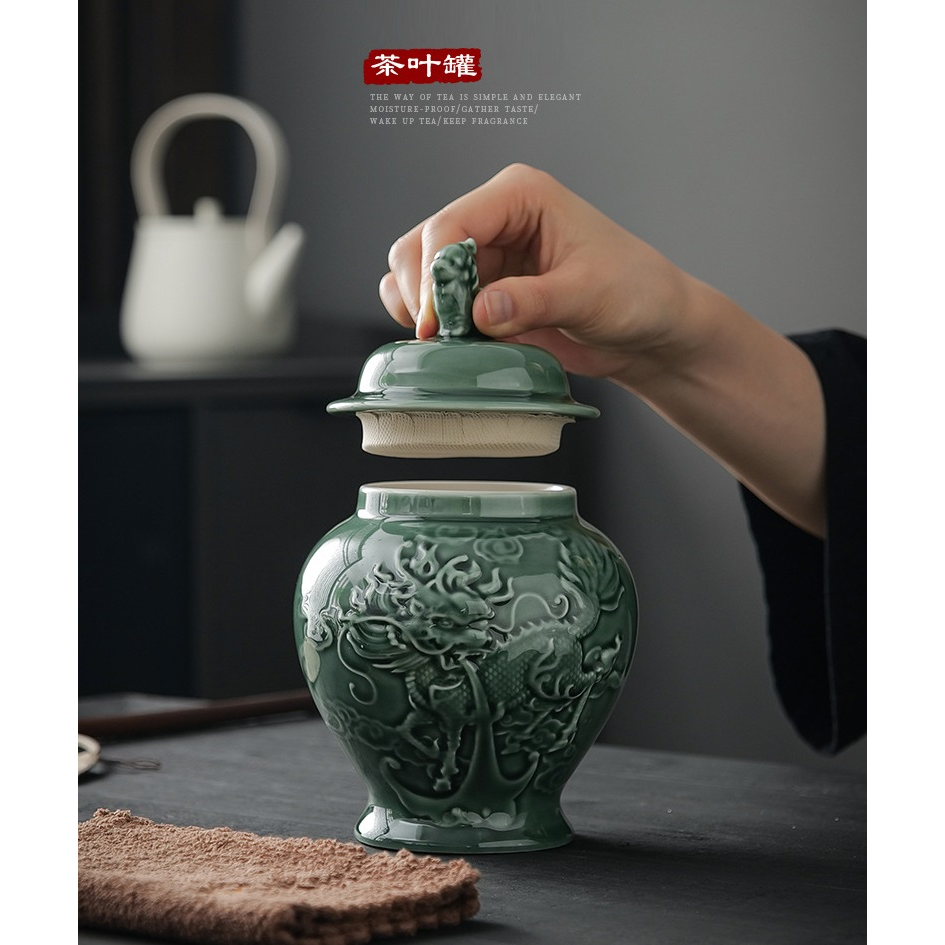 Hũ, Bình Đựng Trà Bằng Sứ Men Ngọc Cao Cấp, Họa Tiết Kỳ Lân Phun Ngọc Khắc Nổi Dung Tích Lớn