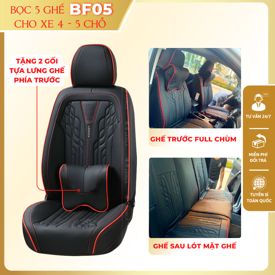 Bọc 5 ghế ô tô BF05 cho xe 4 chỗ, 5 chỗ Leika vân sóng tặng 2 gối