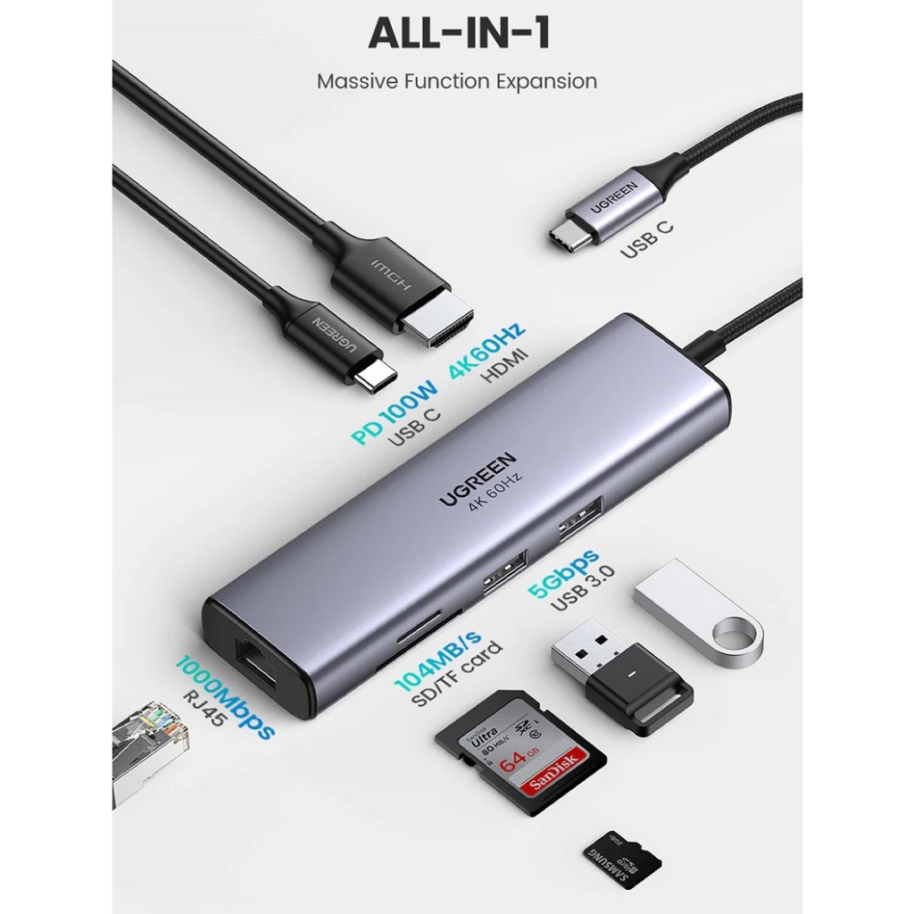 HUB Thiết bị mở rộng 7 in 1 USB Type-C ra HDMI 4K@60hz/USB/LAN Gigabit/PD100W/SD/TF Ugreen 60515 cao cấp