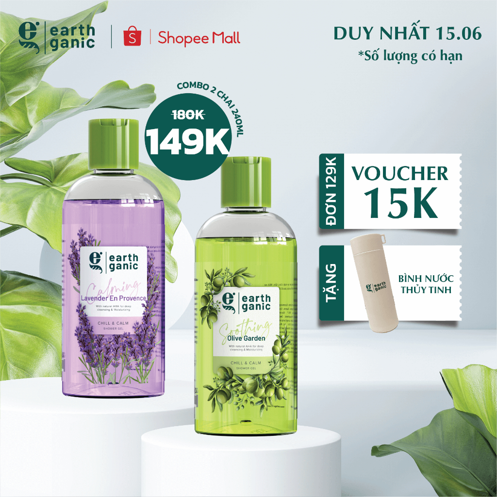 Combo 2 Sữa Tắm Dưỡng Ẩm Earthganic chứa AHA Hương Ô Liu + Hương Hoa Lavender 240mlx2