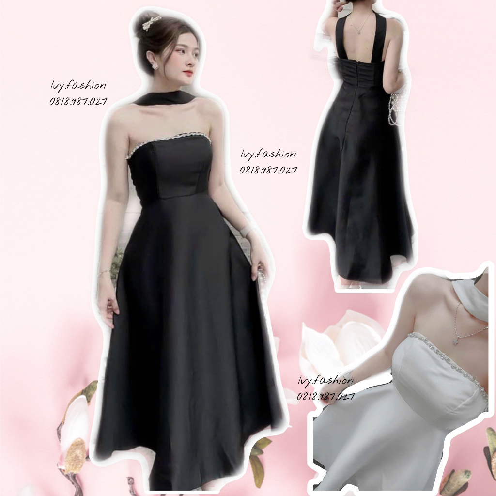 Đầm váy cúp ngực choker xòe dài 🌈tafta lót lụa🌈 đen trắng hở lưng quây ngực dự tiệc cao cấp đi biển giá rẻ đẹp bgisize