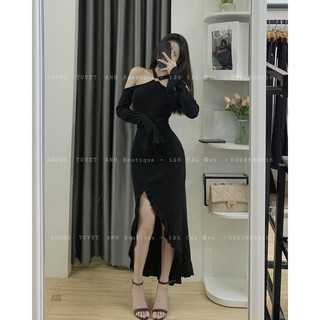 Váy body dài bèo tay loa cổ khoen
