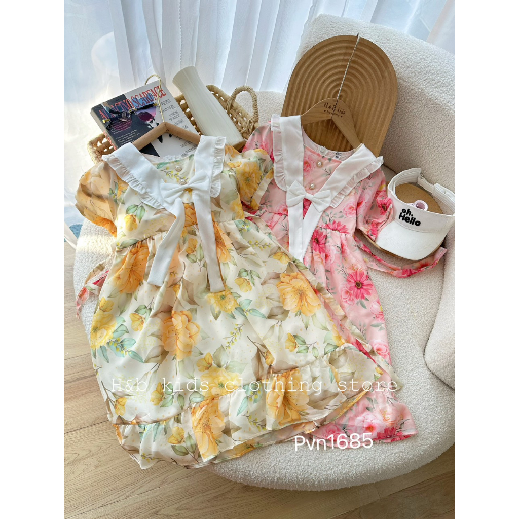 Váy voan lụa hoa cực kì sang chảnh cho bé gái size nhỡ 15-28kg, váy đi học cho bé gái