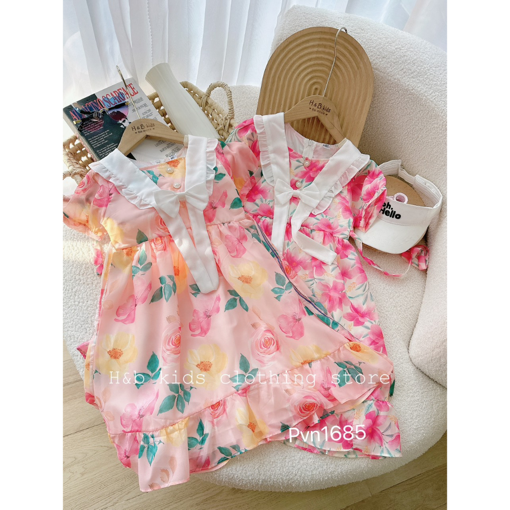 Váy voan lụa hoa cực kì sang chảnh cho bé gái size nhỡ 15-28kg, váy đi học cho bé gái