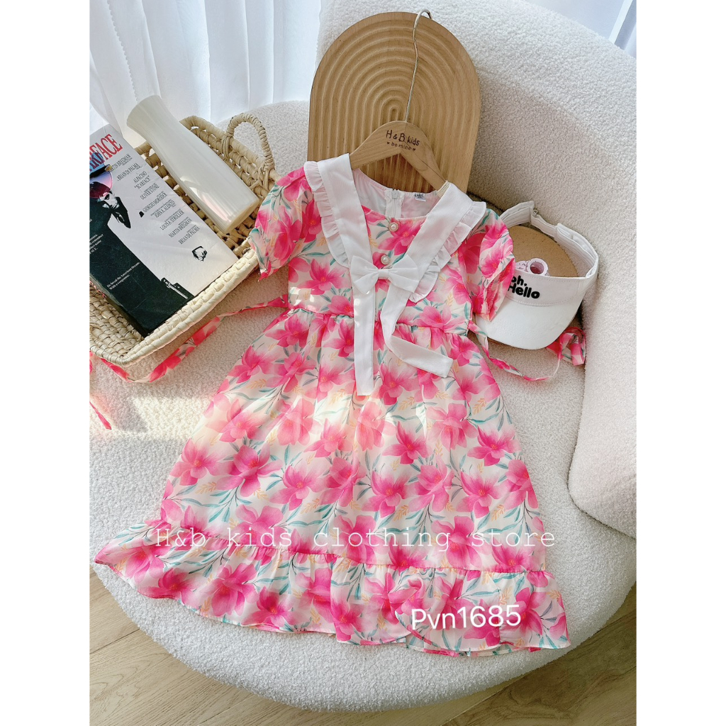 Váy voan lụa hoa cực kì sang chảnh cho bé gái size nhỡ 15-28kg, váy đi học cho bé gái