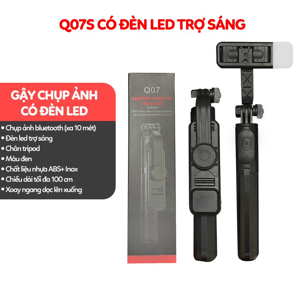 Gậy Chụp Hình Tự Sướng Q07 Hỗ Trợ Đèn Led - 3 Chân Đa Năng - Xoay Ngang Dọc - Remote Bluetooth Có Sẵn - Có Dây Sạc