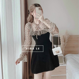 Đầm Thời Trang Nữ Mặc Đi Chơi Cổ Sơmi Bèo Tay Dài Nhúng Chất Vải Umi Phối Voan 2 màu đen đỏ xinh xắn