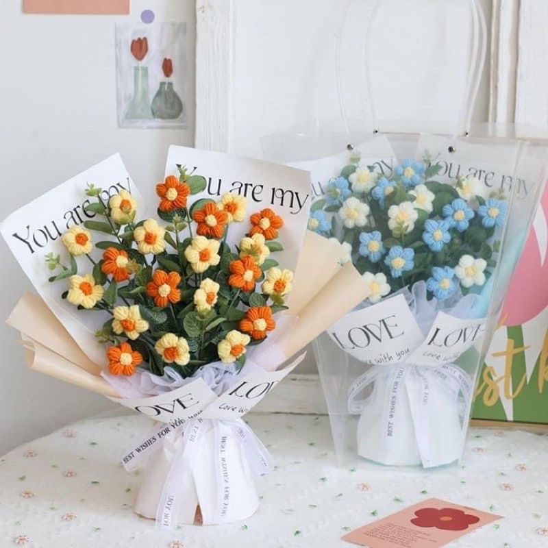 Hoa len handmade, bó hoa 5 cánh bằng len quà tặng trang trí