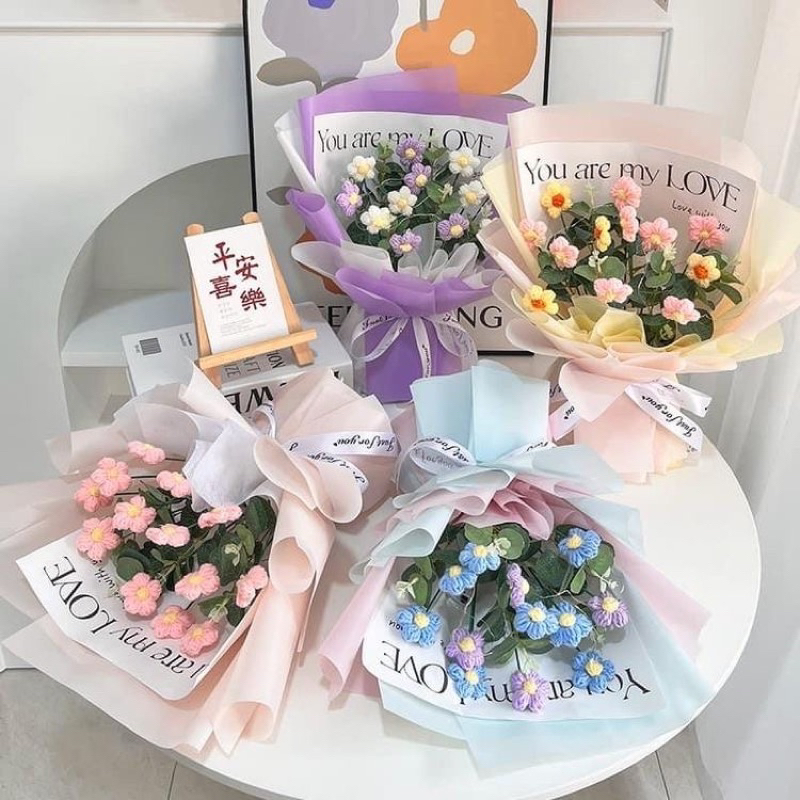 Hoa len handmade, bó hoa 5 cánh bằng len quà tặng trang trí