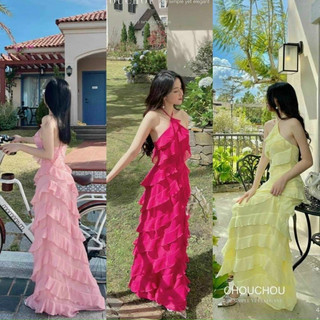 Đầm thời trang nữ mặc đi biển sexy chất voan cổ yếm dây cổ bèo rũ, váy maxi qua gối nhiều màu